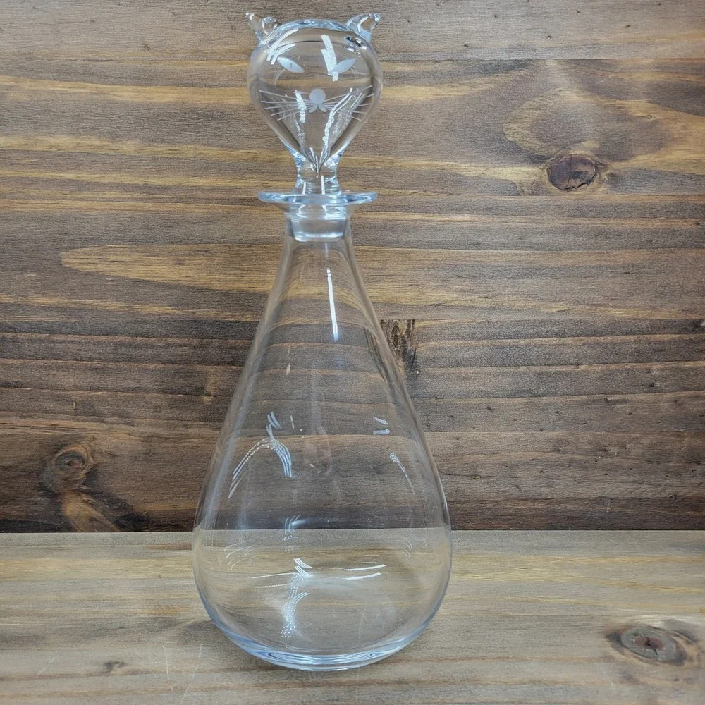 VTG Orrefors Cat Head Crystal Decanter Bottle MCM Barware Signed Sven Palmquist